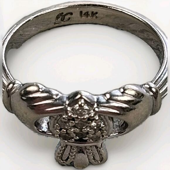 14k White Gold Natural Diamond Claddagh Ring Size 6.5. Signed - Picture 5 of 5